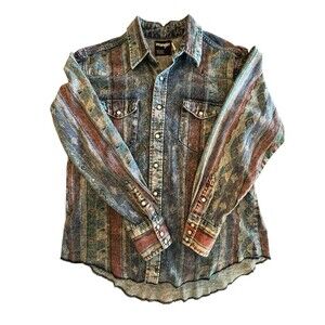 Wrangler Vintage Brushpopper Shirt Men Sz 17-35 Sz XL Pearl Snap Blue